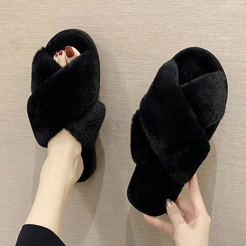 AnyStep Plush Slipper One Size 7-8 Cross Black Warm Winter Comfortable Home Fluffy Indoor Slip On-Slipper Chairs-PEROZ Accessories