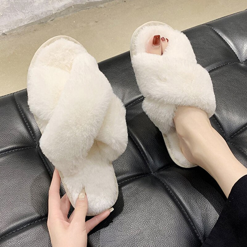 AnyStep Plush Slipper One Size 5-6 Cross White Warm Winter Comfortable Home Fluffy Indoor Slip On-Slipper Chairs-PEROZ Accessories