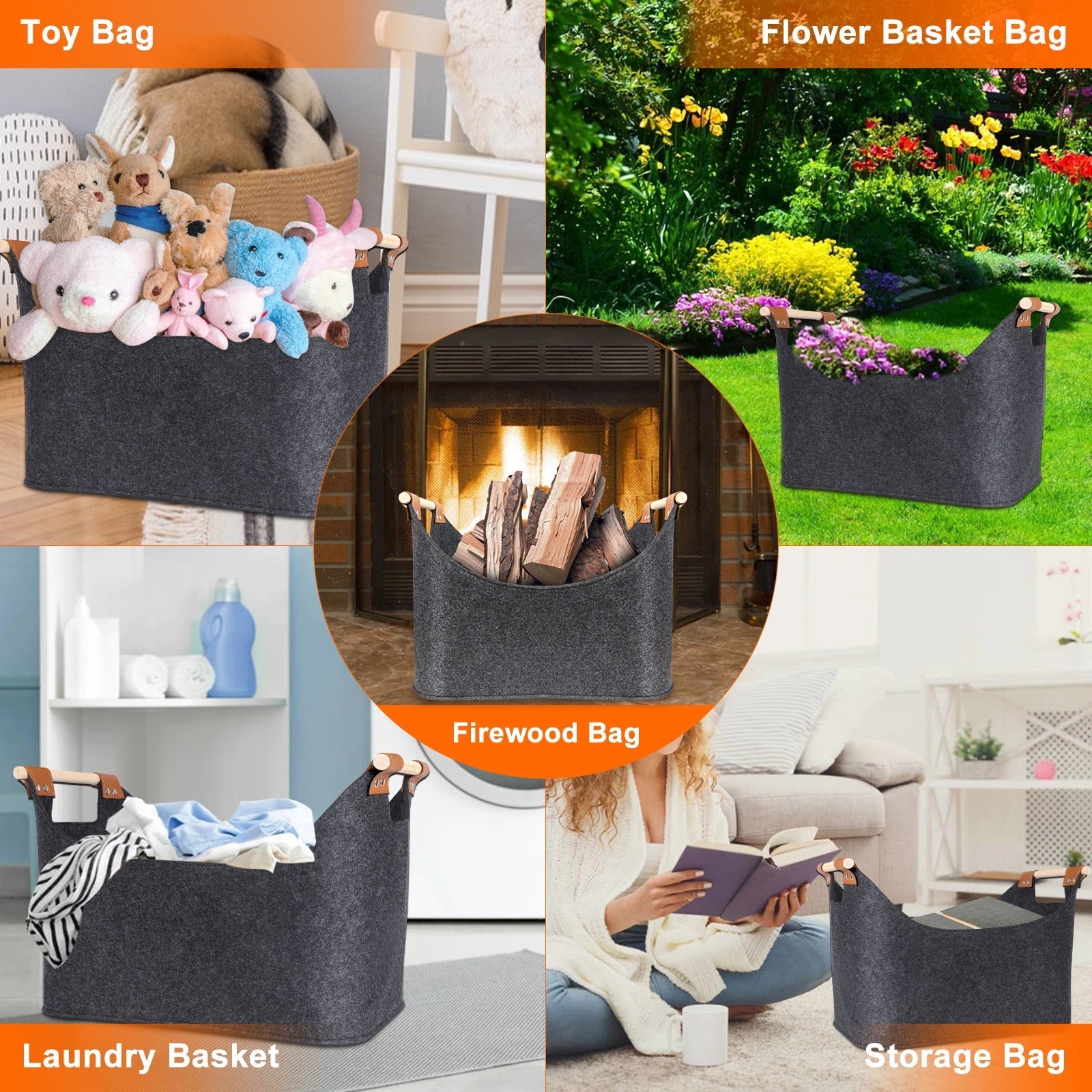Anyhouz Storage Bag Gray Basket Fire Wood Fruit Vegetable Flower Plant Organizing Rack Container-Exercise & Fitness-PEROZ Accessories