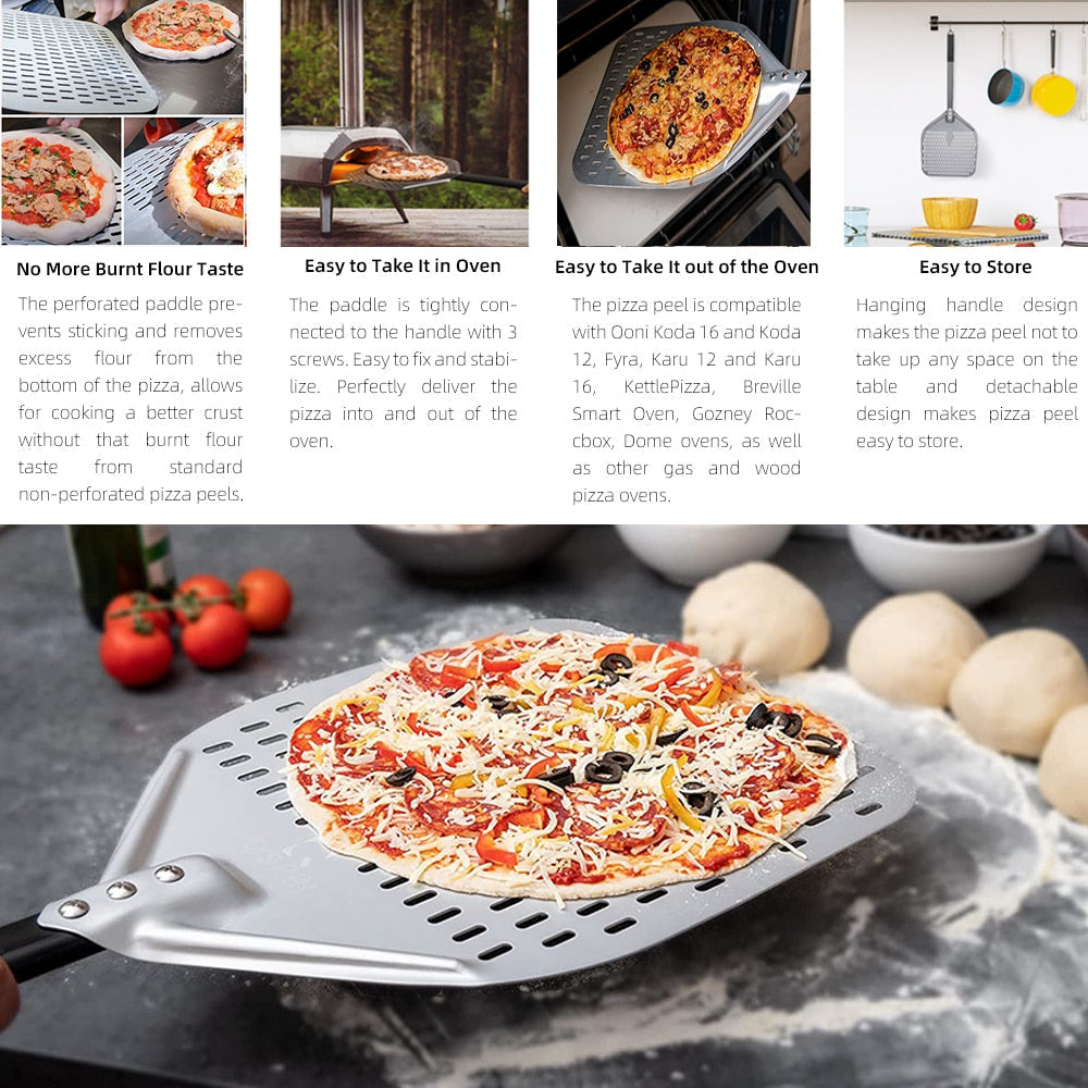 Anygleam Pizza Shovel 33 cm X 129cm Silver for Perforated Peel with Metal Handle Oven Turning Baking Accessory-Spatula and Shovel-PEROZ Accessories