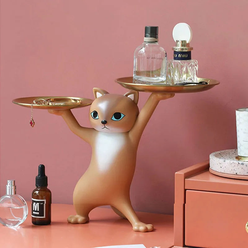 Anyhouz Home Figurine Gray Cat Tray Figurines for Interior Entrance Key Desktop Candy Storage Container Home Office Table Decor Accessories-Sculptures & Statues-PEROZ Accessories