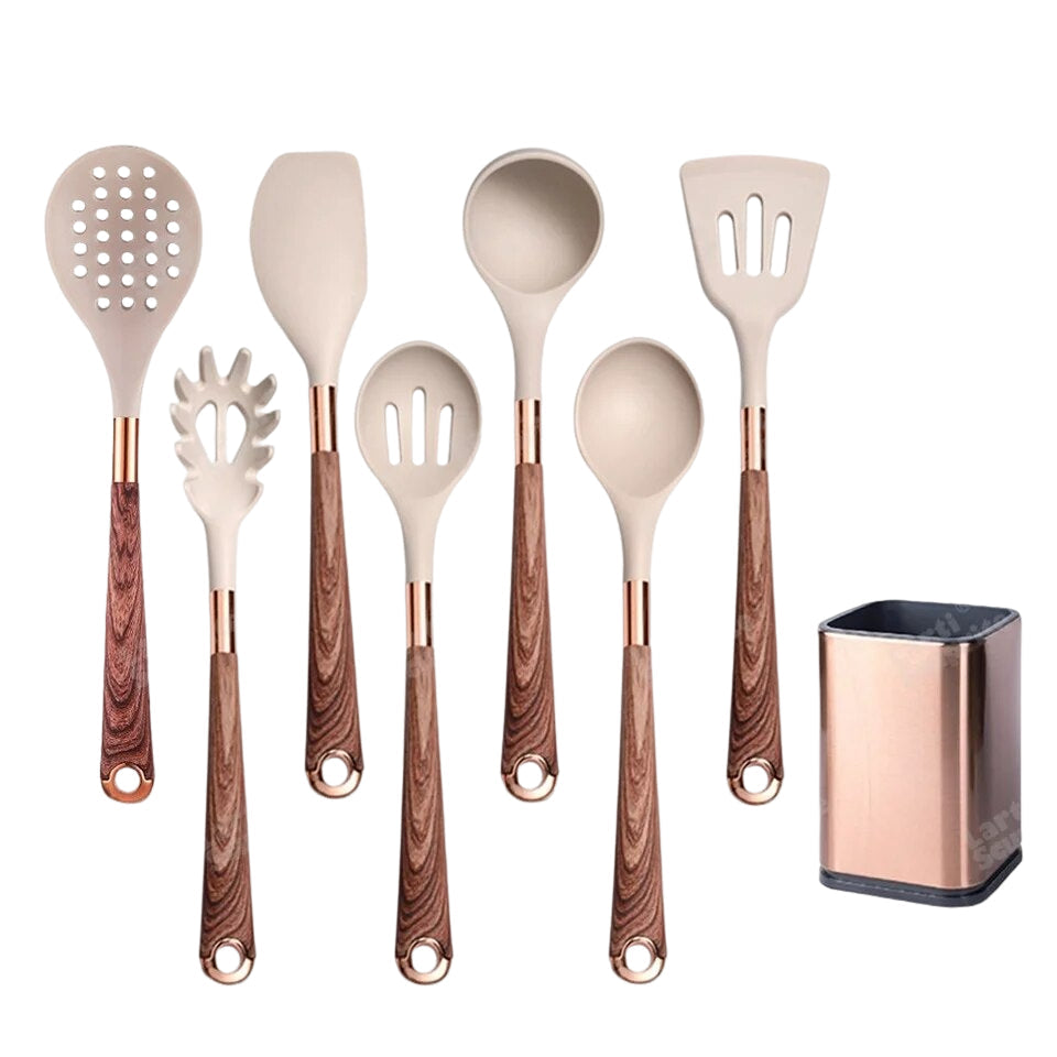 Anygleam Kitchen Utensils Non-stick Brown 7 Set Gold Plated Handle with Support Point and Storage Box Cooking Tool Accessories Heat Resistant Kitchenware-Spatula and Shovel-PEROZ Accessories