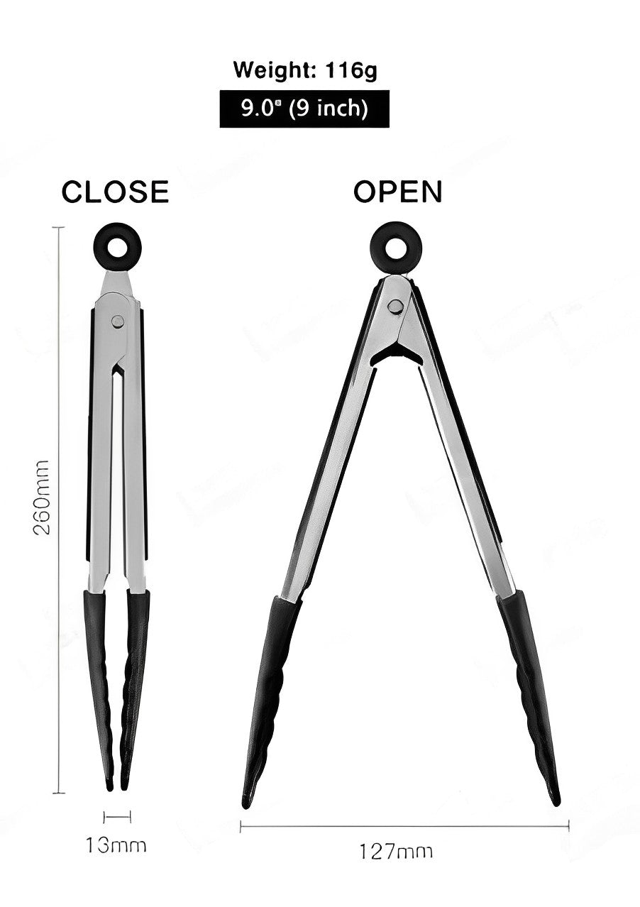 Anygleam Tong Stainless Steel Small Black Handle Clip Heat Resistant Cooking Baking Salad Steak Kitchen Gadget-Kitchen Tools & Utensils-PEROZ Accessories