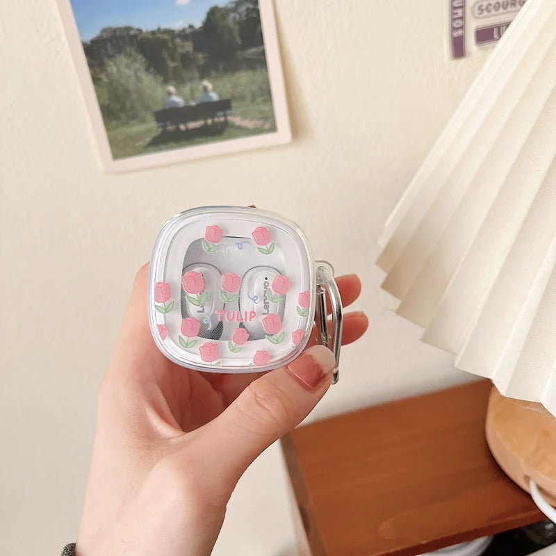 Anymob Earphone Case Pink Tulip For Lenovo XT62 TWS Soft TPU Transparent Headset Protective Cover with Hook-Earphone Case-PEROZ Accessories