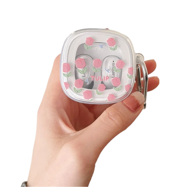 Anymob Earphone Case Pink Tulip For Lenovo XT62 TWS Soft TPU Transparent Headset Protective Cover with Hook-Earphone Case-PEROZ Accessories