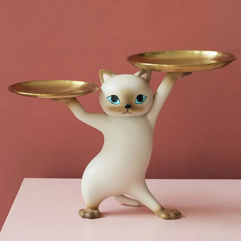 Anyhouz Home Figurine Gray Cat Tray Figurines for Interior Entrance Key Desktop Candy Storage Container Home Office Table Decor Accessories-Sculptures & Statues-PEROZ Accessories