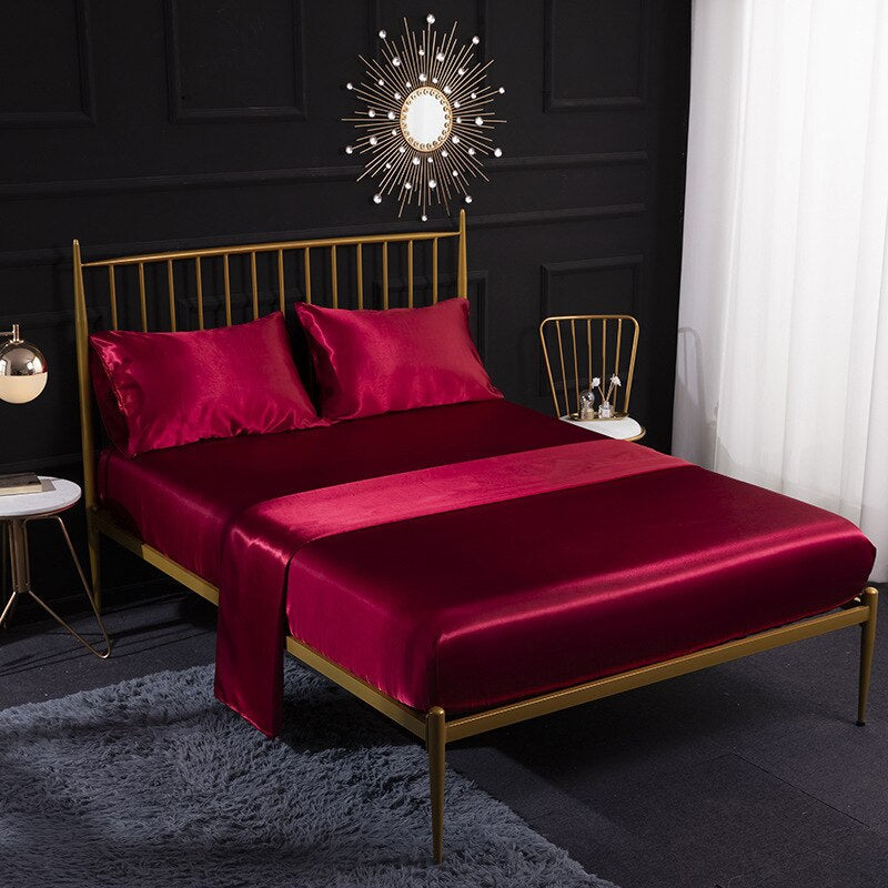 Anyhouz Fitted Sheet Full Size Winered Luxury Silky Beddings Set with Pillow Cases-Beddings-PEROZ Accessories