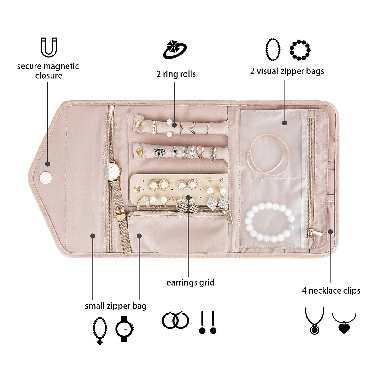 Anyhouz Jewelry Storage Foldable Case Black XS Portable for Journey Earrings Rings Diamond s Brooches Storage Bag-Jewellery Holders & Organisers-PEROZ Accessories