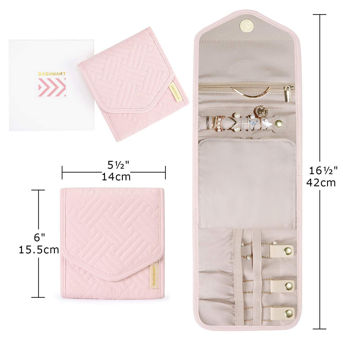 Anyhouz Jewelry Storage Foldable Case Pink XS Portable for Journey Earrings Rings Diamond s Brooches Storage Bag-Jewellery Holders & Organisers-PEROZ Accessories