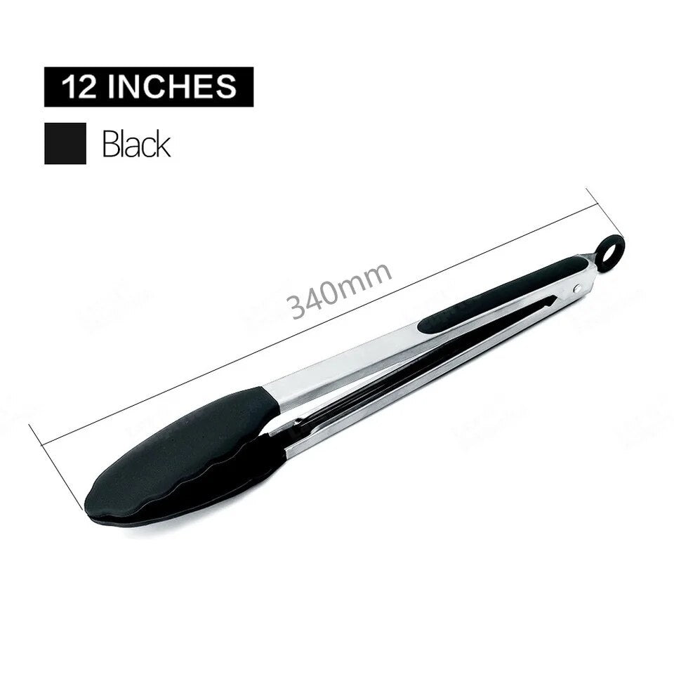 Anygleam Tong Stainless Steel Large Black Handle Clip Heat Resistant Cooking Baking Salad Steak Kitchen Gadget-Kitchen Tools & Utensils-PEROZ Accessories