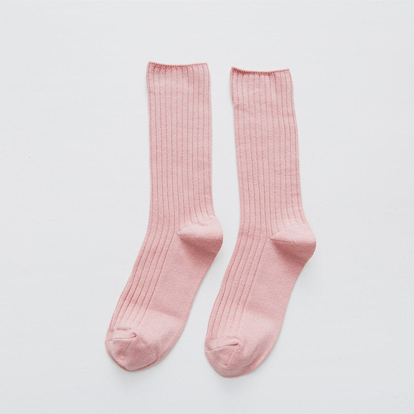 Anysox 5 Pairs One Size 36-43 Pink Retro Long Knitted Socks Cotton Autumn Winter Solid Color Women Student Girls-Socks-PEROZ Accessories