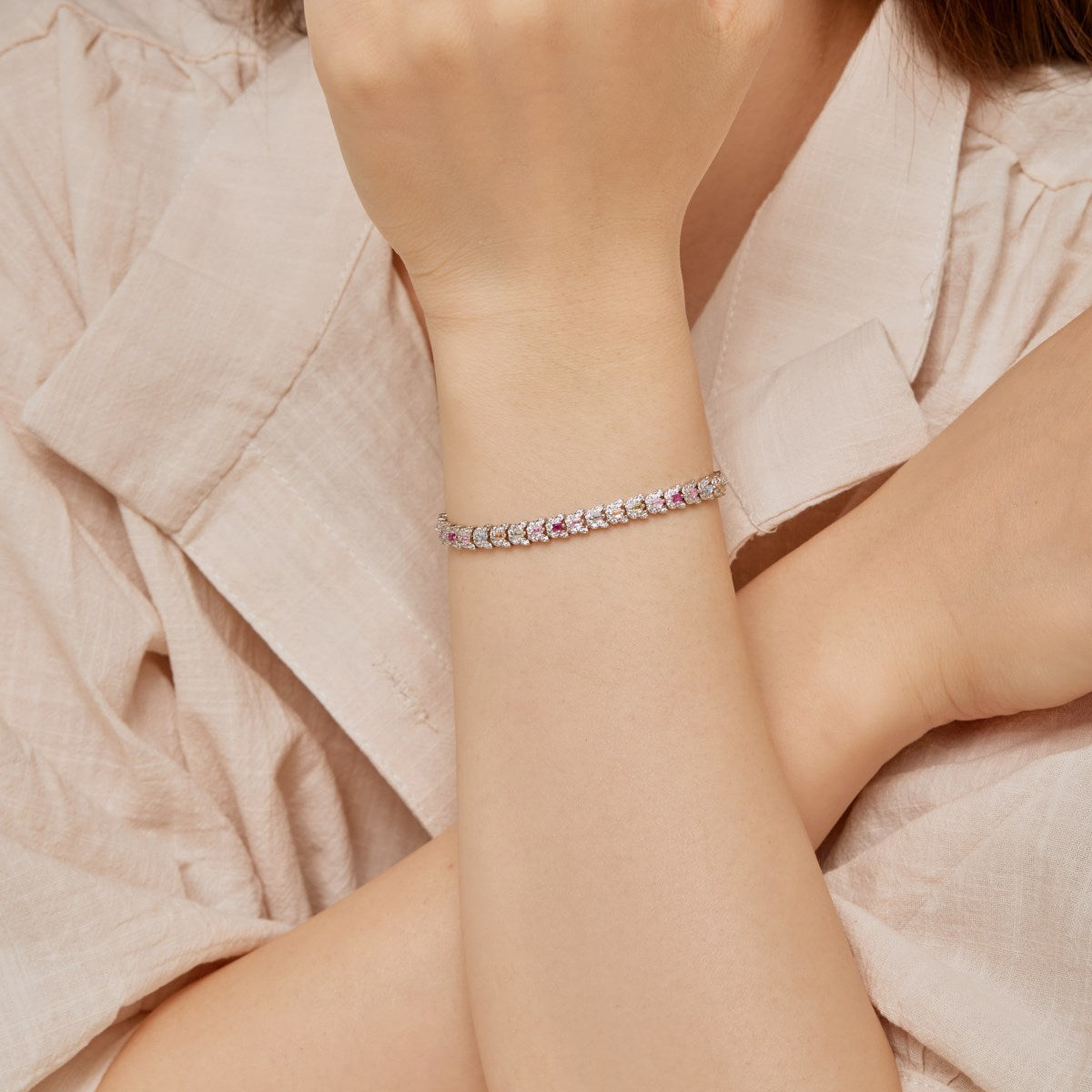 Anyco Bracelet New Pink Stone Tennis Bracelet Chain Cz Eternity Band Rainbow Cubic Zirconia 925 Silver Bracelets Women-Bracelets-PEROZ Accessories