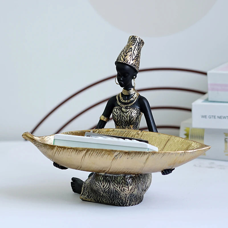 Anyhouz Home Figurine African Black Woman Storage Statue Exotic Figurines Home Interior Desktop Decor Keys Candy Container Craft Item-Sculptures & Statues-PEROZ Accessories