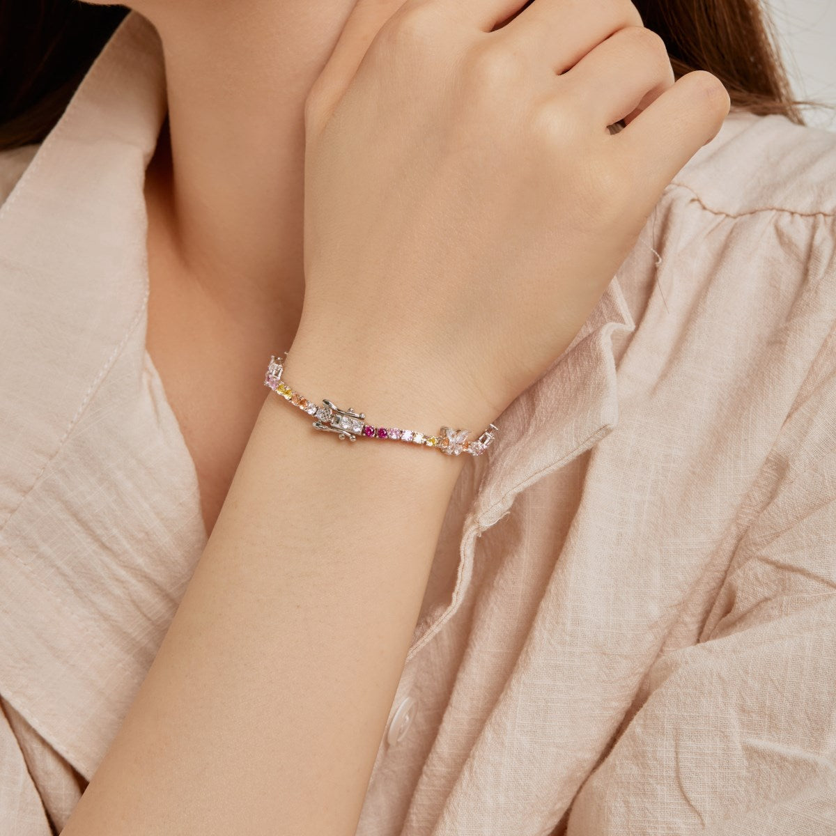 Anyco Bracelet Iced Out Bling Butterfly Shape Rainbow 18cm Jewelry S925 Silver Color Cz Adjustable Tennis Chain Bracelet For Women-Bracelets-PEROZ Accessories