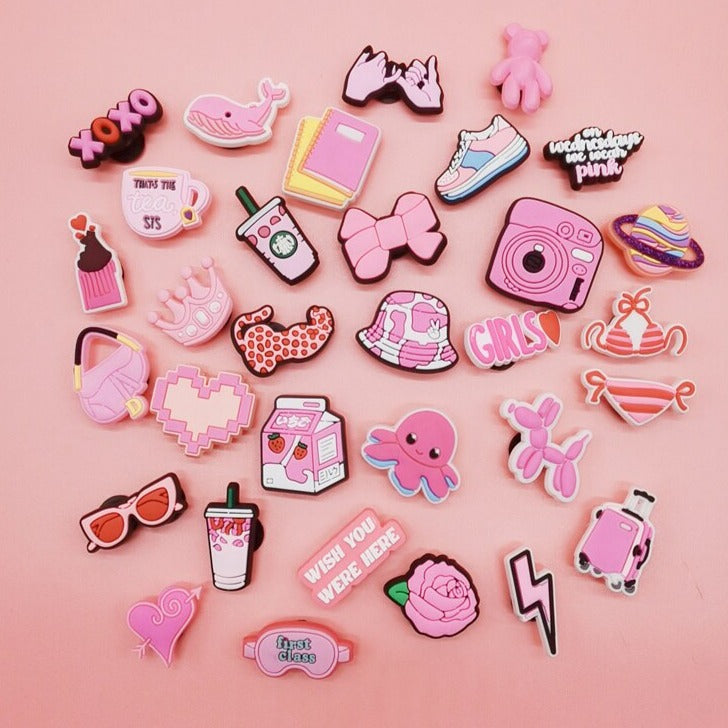 Anykidz 32pcs Random Color Pink Series Shoe Charm Accessories Jeans Clogs Pendants Designer Ornament Jibbitz for Crocs-Shoe Charms-PEROZ Accessories