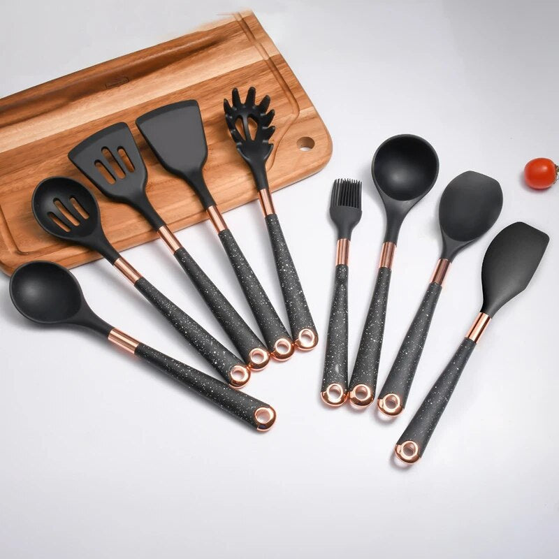 Anygleam Kitchen Utensils Non-stick Black 5 Set Gold Plated Handle with Support Point and Storage Box Cooking Tool Accessories Heat Resistant Kitchenware-Spatula and Shovel-PEROZ Accessories