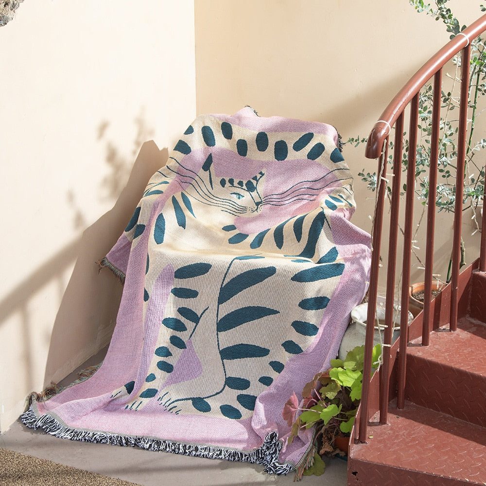Anyhouz Pink Cat Throw Blanket Cozy Sofa Couch Bed Cover Outdoor Camping Mat Home Decor Tapestry with Tassel-Blankets-PEROZ Accessories