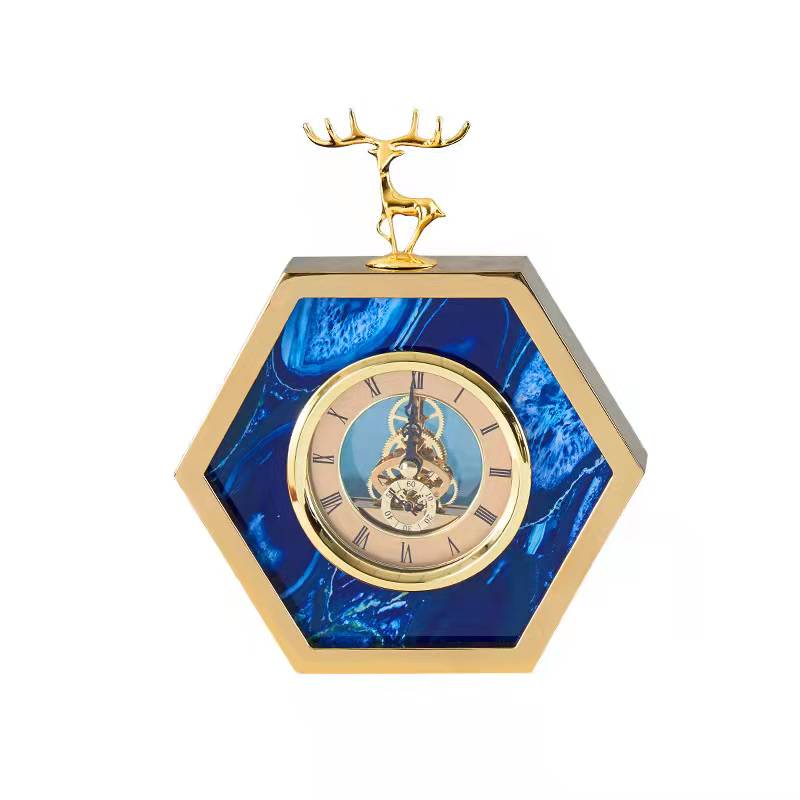 Anyhouz 23cm Hexagon Gold Desk Clock with Deer Head Tabletop Home Decor Modern Art Living Room Display House Decorative Crafts Metal Ornaments-Ornaments-PEROZ Accessories