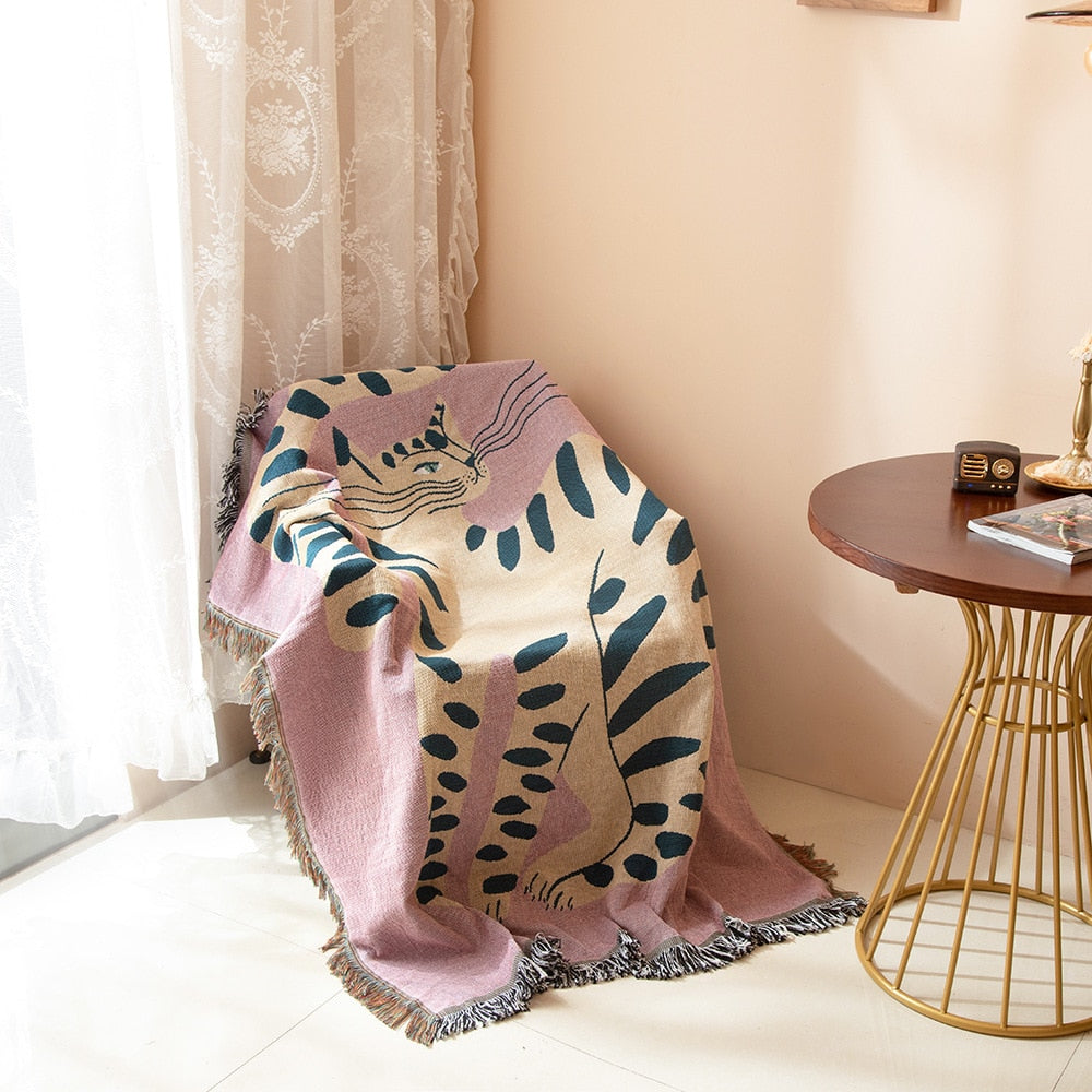 Anyhouz Pink Cat Throw Blanket Cozy Sofa Couch Bed Cover Outdoor Camping Mat Home Decor Tapestry with Tassel-Blankets-PEROZ Accessories