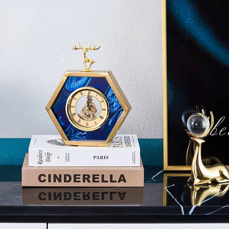 Anyhouz 23cm Hexagon Gold Desk Clock with Deer Head Tabletop Home Decor Modern Art Living Room Display House Decorative Crafts Metal Ornaments-Ornaments-PEROZ Accessories