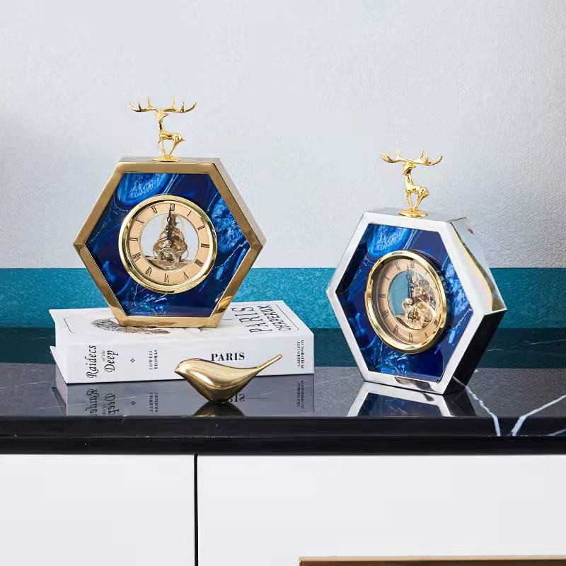 Anyhouz 23cm Hexagon Gold Desk Clock with Deer Head Tabletop Home Decor Modern Art Living Room Display House Decorative Crafts Metal Ornaments-Ornaments-PEROZ Accessories
