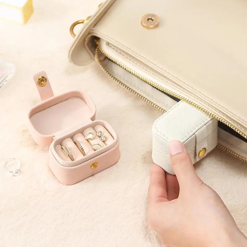 Anyhouz Jewelry Storage Mini Ring Box Portable 2pc Beige Organizer Display Travel Simple Mini Gift Case Boxes Leather Earring Necklace Holder-Jewellery Holders &amp; Organisers-PEROZ Accessories
