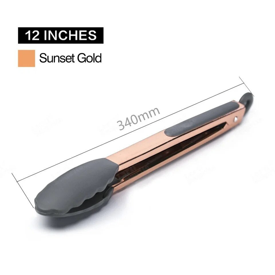 Anygleam Tong Stainless Steel Large Sumset Gold Handle Clip Heat Resistant Cooking Baking Salad Steak Kitchen Gadget-Kitchen Tools & Utensils-PEROZ Accessories
