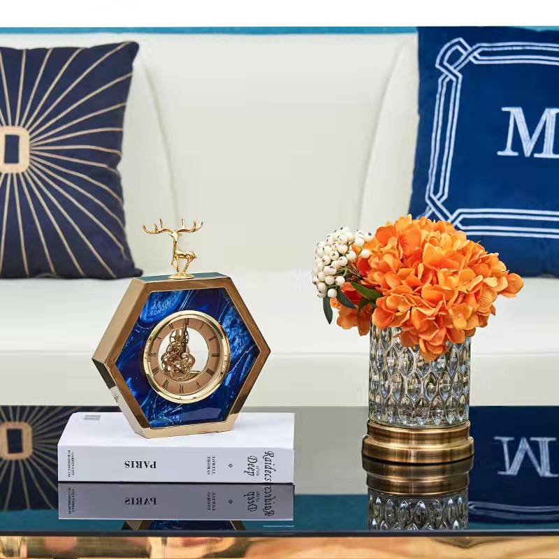 Anyhouz 23cm Hexagon Gold Desk Clock with Deer Head Tabletop Home Decor Modern Art Living Room Display House Decorative Crafts Metal Ornaments-Ornaments-PEROZ Accessories