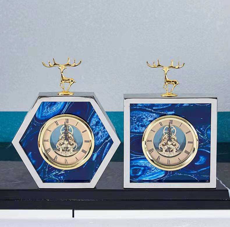 Anyhouz 23cm Hexagon Gold Desk Clock with Deer Head Tabletop Home Decor Modern Art Living Room Display House Decorative Crafts Metal Ornaments-Ornaments-PEROZ Accessories
