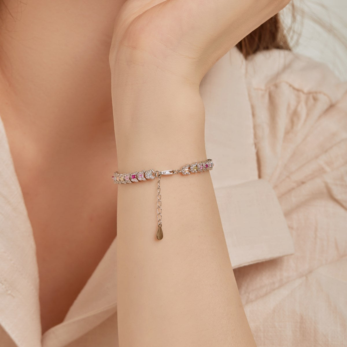 Anyco Bracelet New Pink Stone Tennis Bracelet Chain Cz Eternity Band Rainbow Cubic Zirconia 925 Silver Bracelets Women-Bracelets-PEROZ Accessories