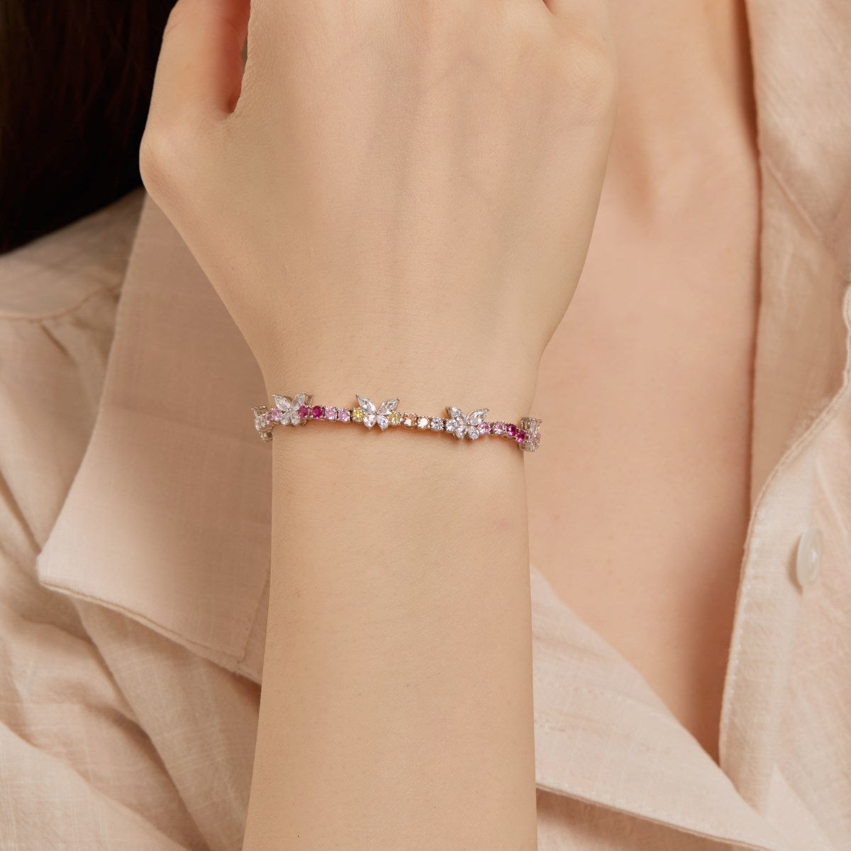 Anyco Bracelet Iced Out Bling Butterfly Shape Rainbow 18cm Jewelry S925 Silver Color Cz Adjustable Tennis Chain Bracelet For Women-Bracelets-PEROZ Accessories