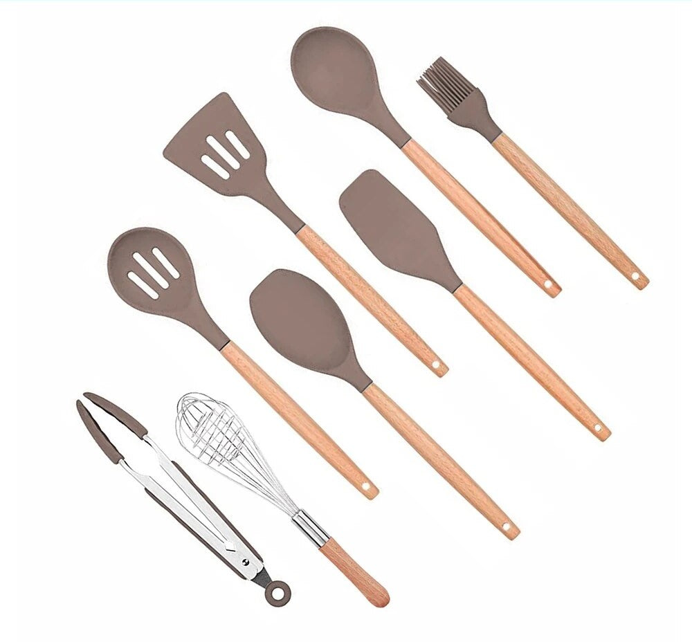 Anygleam Kitchen Utensils 7 Set Natural Beech Wooden Handle Cookware with Tong Tool Heat Resistant Non Stick Accessories-Spatula and Shovel-PEROZ Accessories
