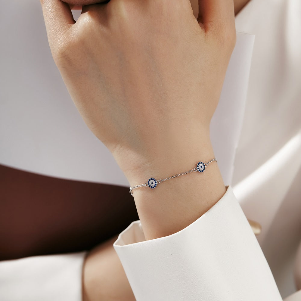 Anyco Bracelet Cubic Zirconia Bracelets Bangles Blue Stone Eye Link Chain 925 Silver Bracelet For Girl Women-Bracelets-PEROZ Accessories