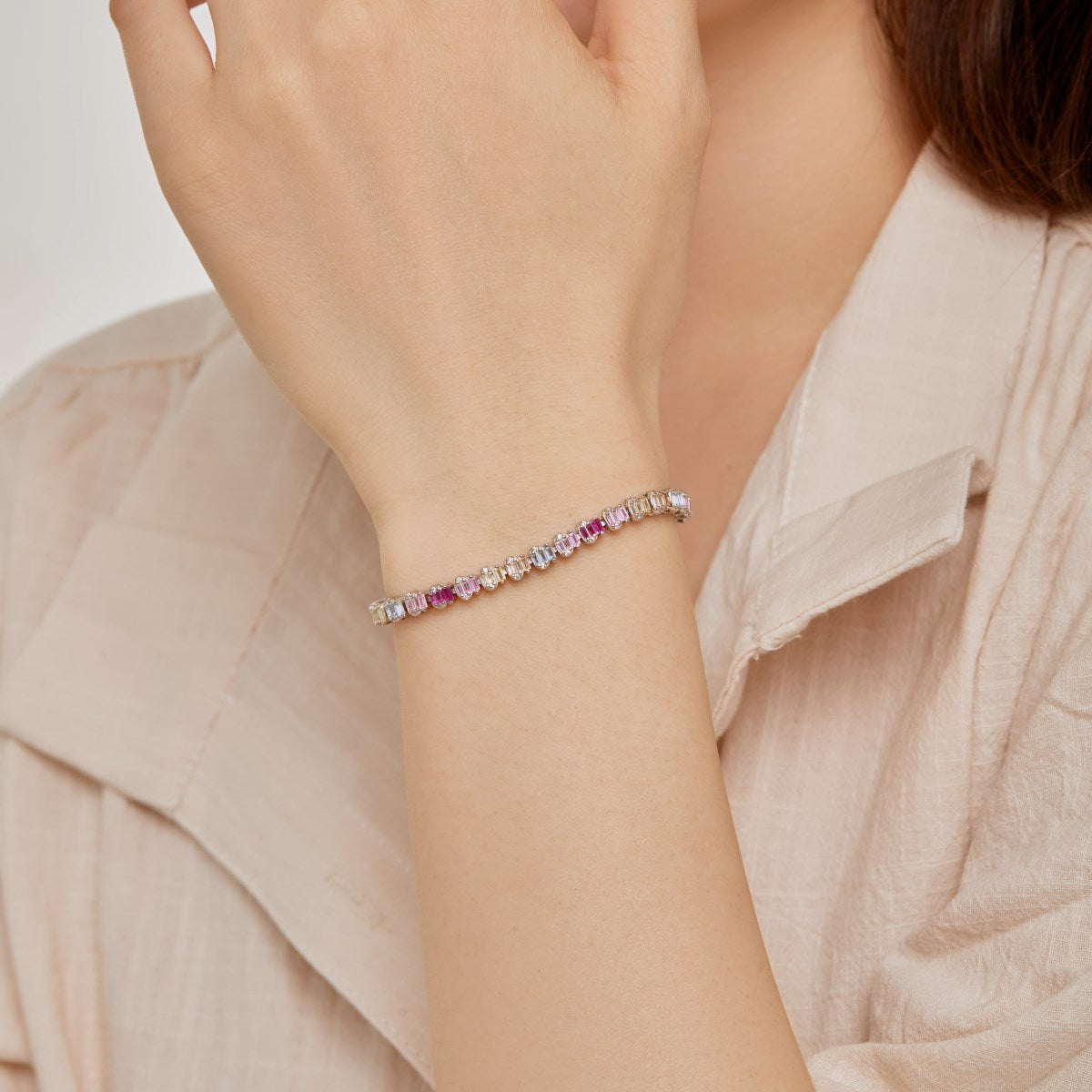 Anyco Bracelet Female Candy Color Rainbow 17cm Tennis Bracelet 925 Silver Square Diamond 5A Cz Cubic Zirconia Bracelets For Women-Bracelets-PEROZ Accessories