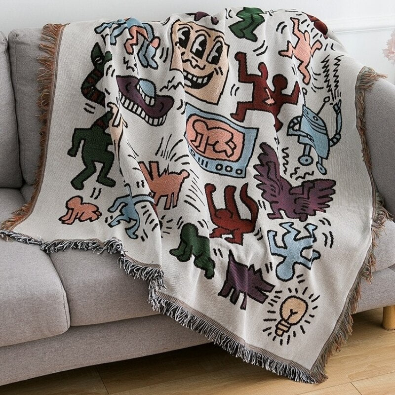 Anyhouz Jacquard Weave Jigsaw Throw Blanket Cozy Sofa Couch Bed Cover Outdoor Camping Mat Home Decor Tapestry with Tassel-Blankets-PEROZ Accessories