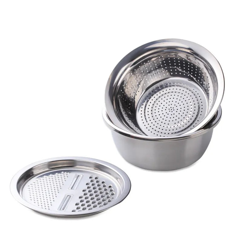 Anygleam Silver Stainless Steel Basket Strainer Bowl with Vegetable Cutter/ Slicer for Buffet and Restaurant Kitchenware-Kitchen Tools & Utensils-PEROZ Accessories