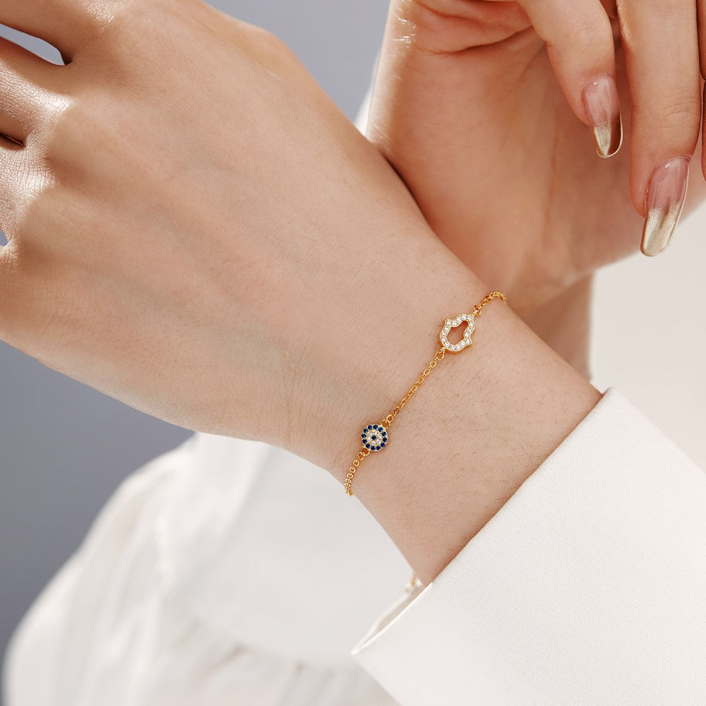 Anyco Bracelet Gold Platted Cubic Zircon Bracelet Blue Big Stone Eye Jewellery Hand Bracelet Diamond Women-Bracelets-PEROZ Accessories