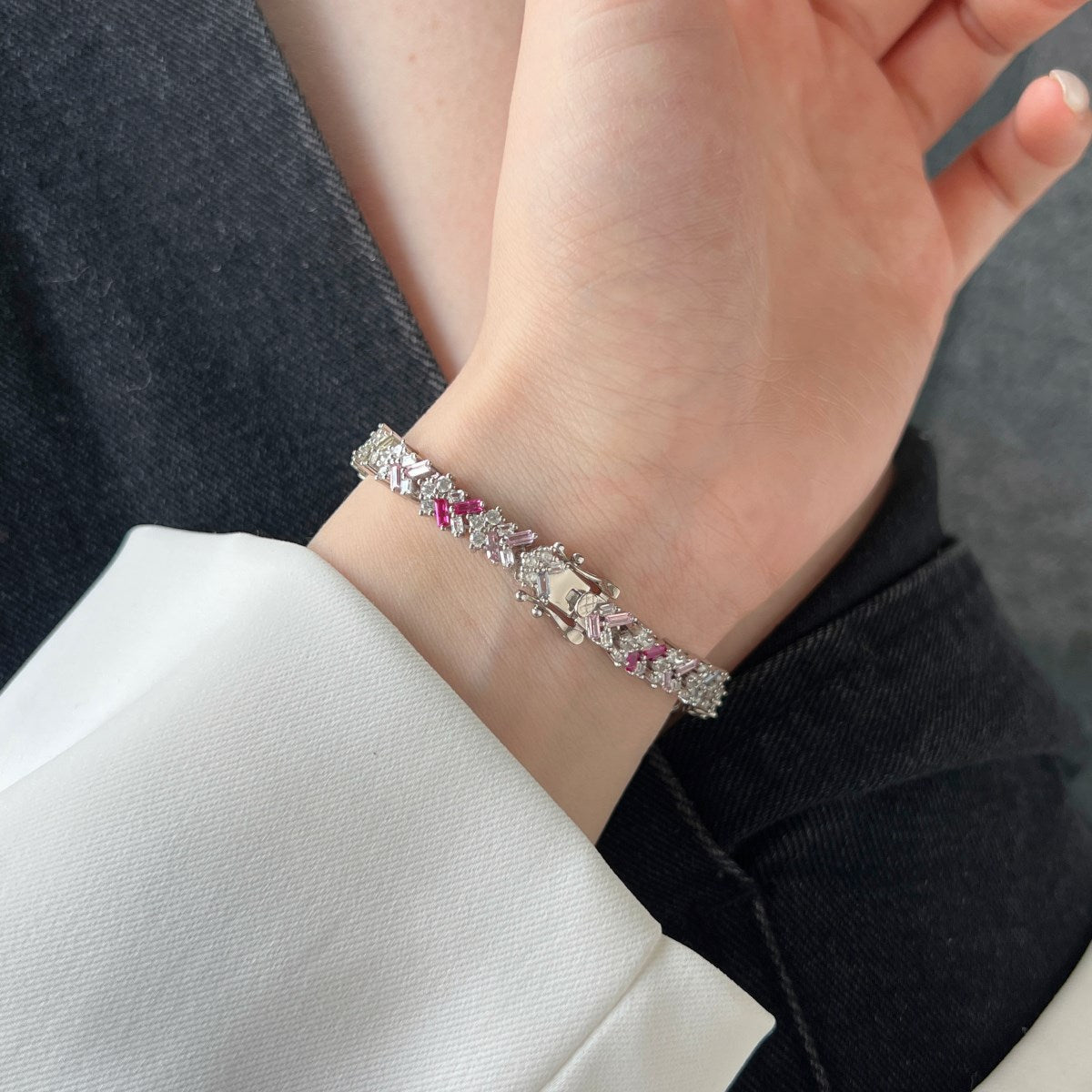 Anyco Bracelet Minimalist 925 Sterling Silver Bracelet Jewelry Set Cz Cubic Zirconia Colorful Pink Stone Diamond Bracelets Women-Bracelets-PEROZ Accessories