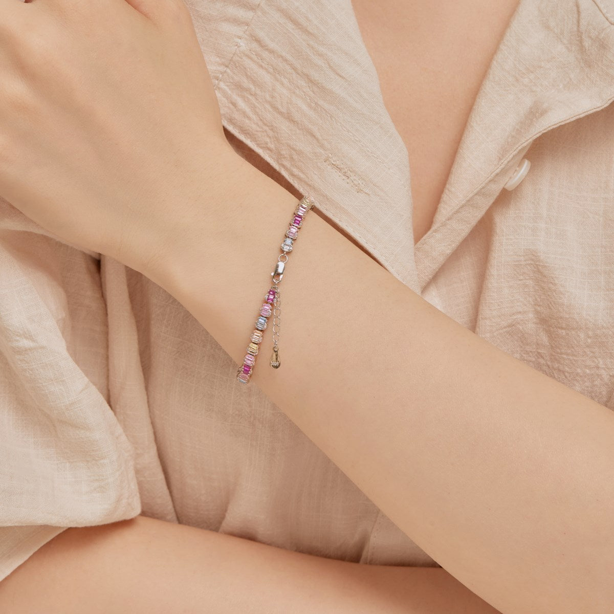 Anyco Bracelet Female Candy Color Rainbow 18cm Tennis Bracelet 925 Silver Square Diamond 5A Cz Cubic Zirconia Bracelets For Women-Bracelets-PEROZ Accessories