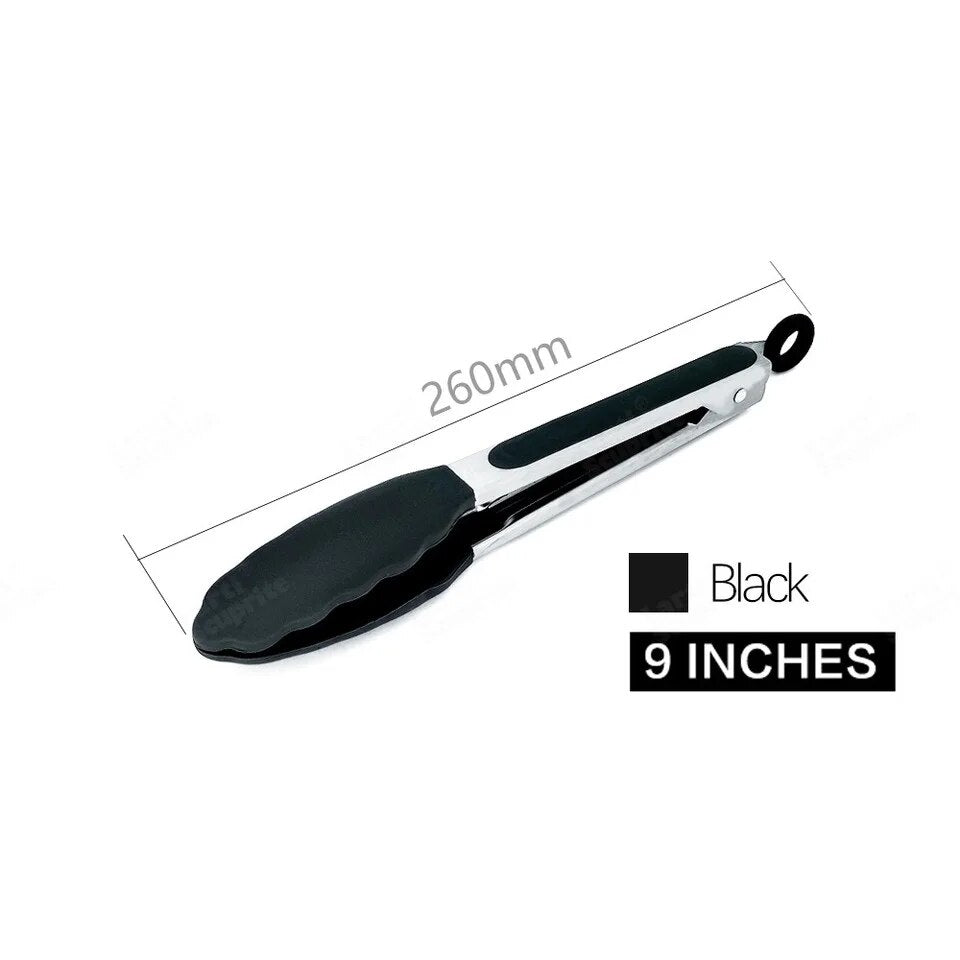 Anygleam Tong Stainless Steel Small Black Handle Clip Heat Resistant Cooking Baking Salad Steak Kitchen Gadget-Kitchen Tools & Utensils-PEROZ Accessories