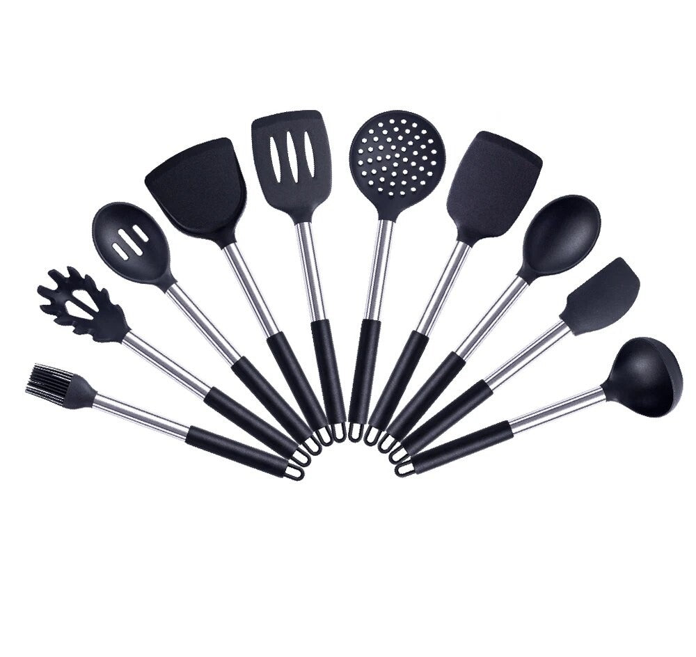 Anygleam Kitchen Utensils Non-stick Black/ Silver 10 Set Cooking Tool Accessories Heat Resistant Kitchenware-Spatula and Shovel-PEROZ Accessories