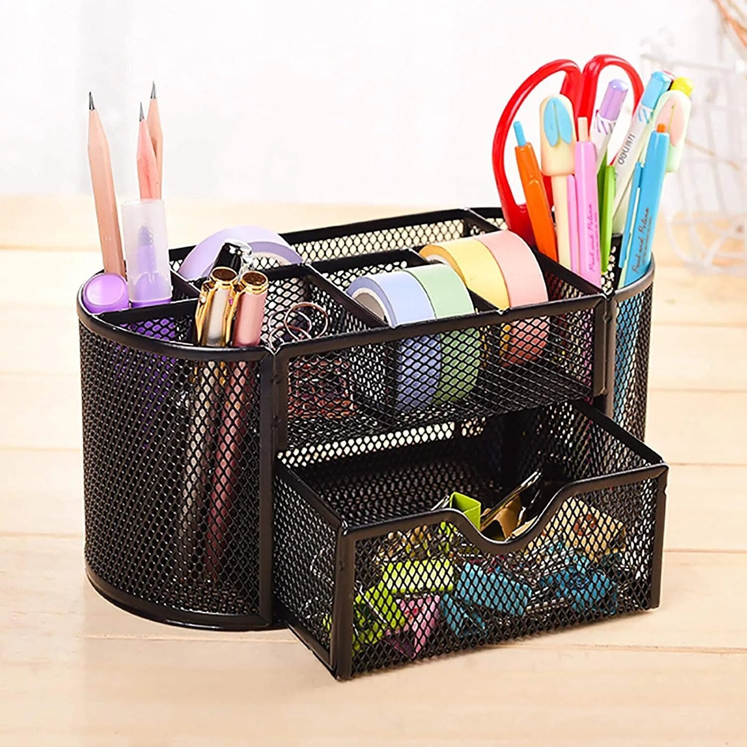 AnyCraft Light Green Metal Mesh Stationery Storage Organizer with Large Capacity Compartments for Office and School Supplies-Organizers-PEROZ Accessories