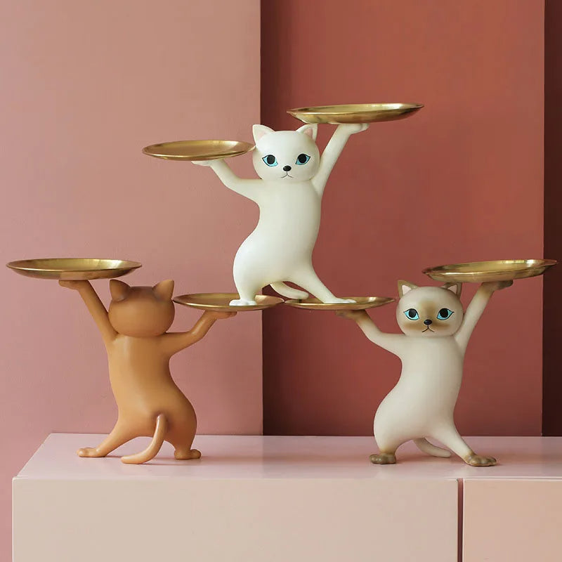Anyhouz Home Figurine Gray Cat Tray Figurines for Interior Entrance Key Desktop Candy Storage Container Home Office Table Decor Accessories-Sculptures & Statues-PEROZ Accessories