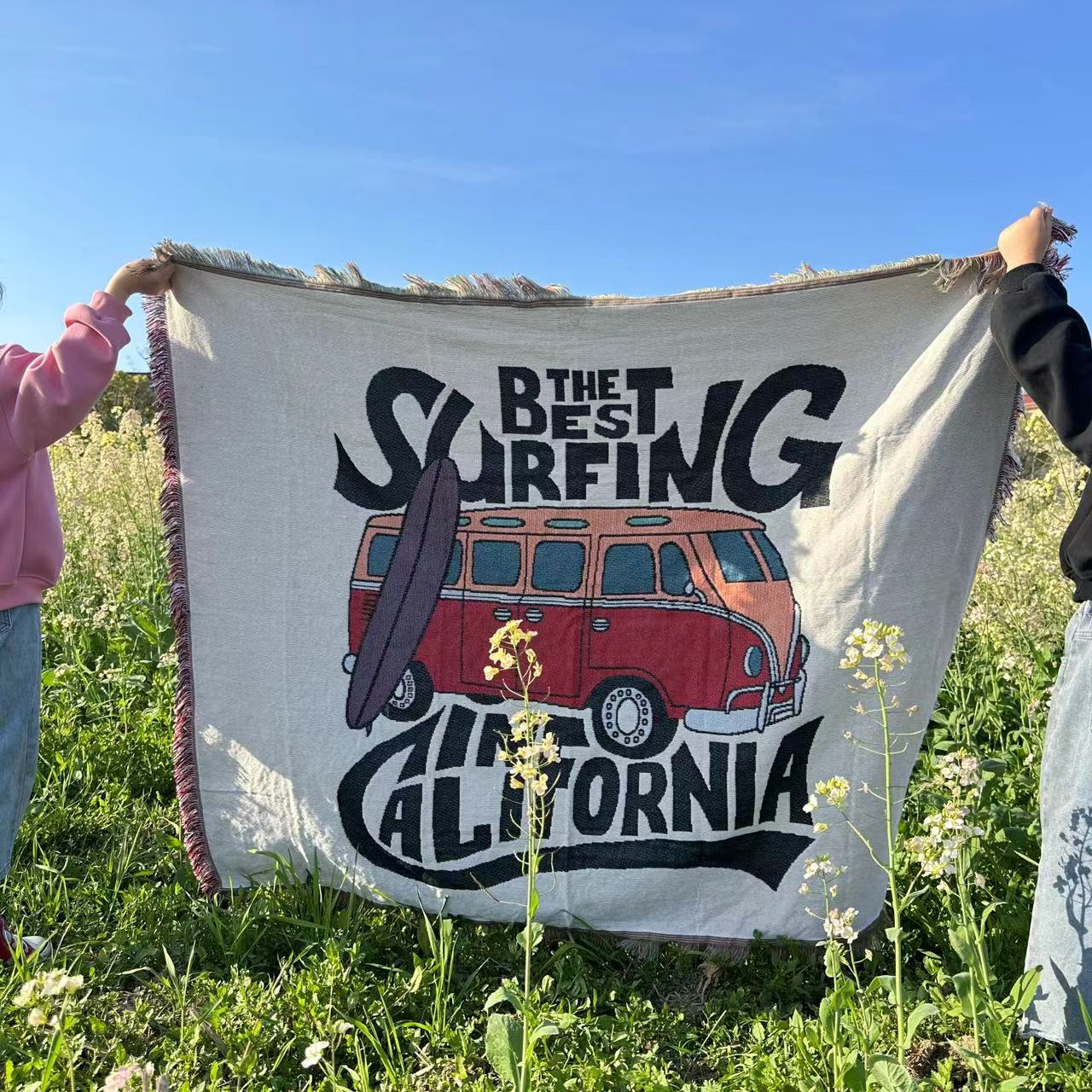 Anyhouz Surfing California Throw Blanket Cozy Sofa Couch Bed Cover Outdoor Camping Mat Home Decor Tapestry with Tassel-Blankets-PEROZ Accessories