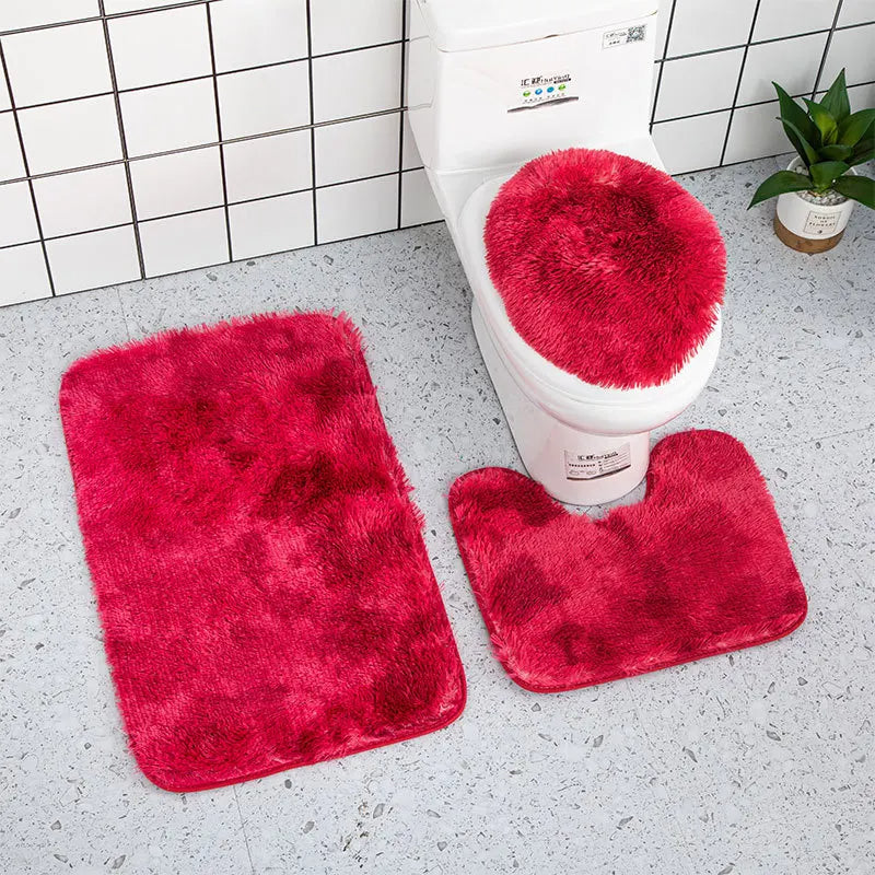 Anyhouz Bath Mat 3pc Wine Red Bathroom Silk Tie-Dye Toilet Soft Non Slip Rug Shower Carpets Toilet Lid Cover Floor Mats for Hallway-Bathroom Rugs-PEROZ Accessories