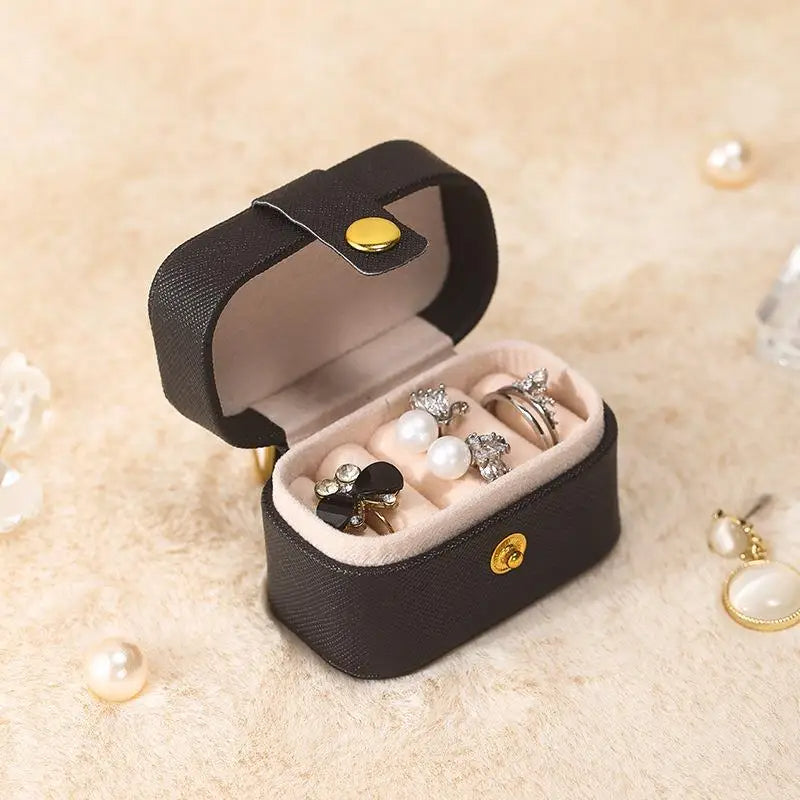 Anyhouz Jewelry Storage Mini Ring Box Portable 2pc Black Organizer Display Travel Simple Mini Gift Case Boxes Leather Earring Necklace Holder-Jewellery Holders & Organisers-PEROZ Accessories