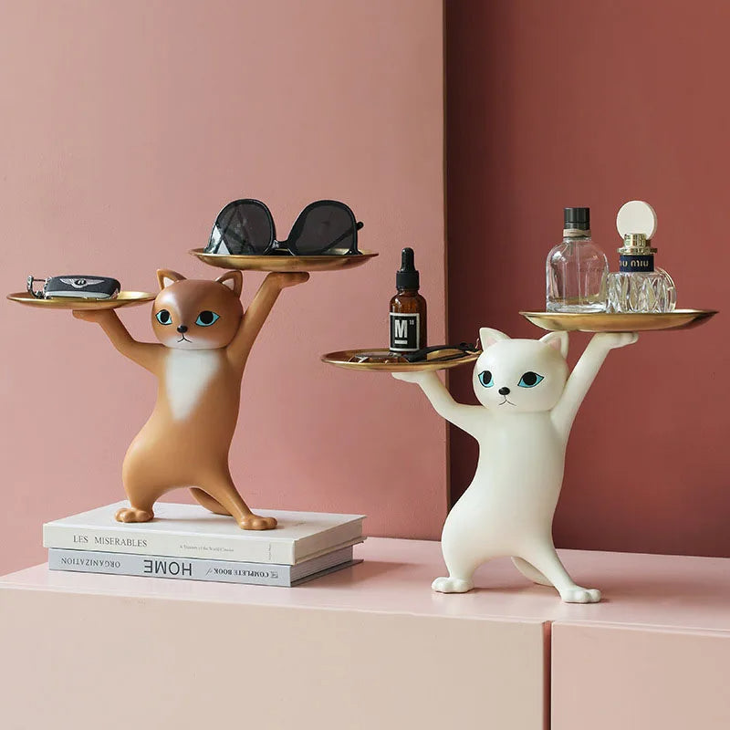 Anyhouz Home Figurine Gray Cat Tray Figurines for Interior Entrance Key Desktop Candy Storage Container Home Office Table Decor Accessories-Sculptures & Statues-PEROZ Accessories