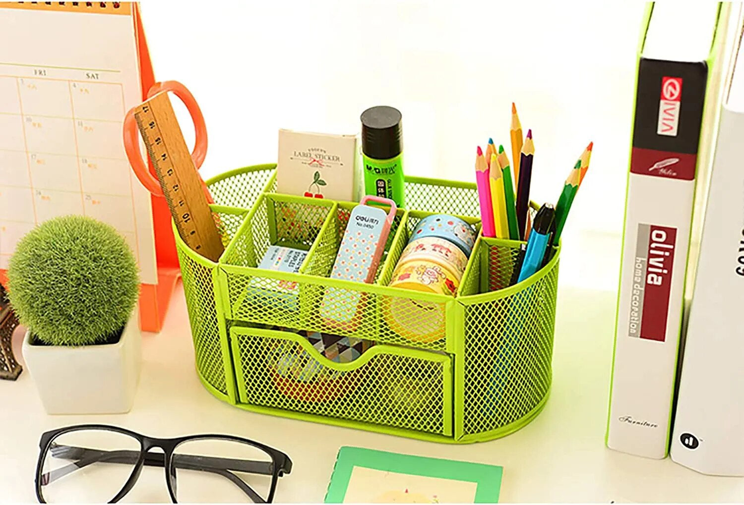 AnyCraft Light Green Metal Mesh Stationery Storage Organizer with Large Capacity Compartments for Office and School Supplies-Organizers-PEROZ Accessories