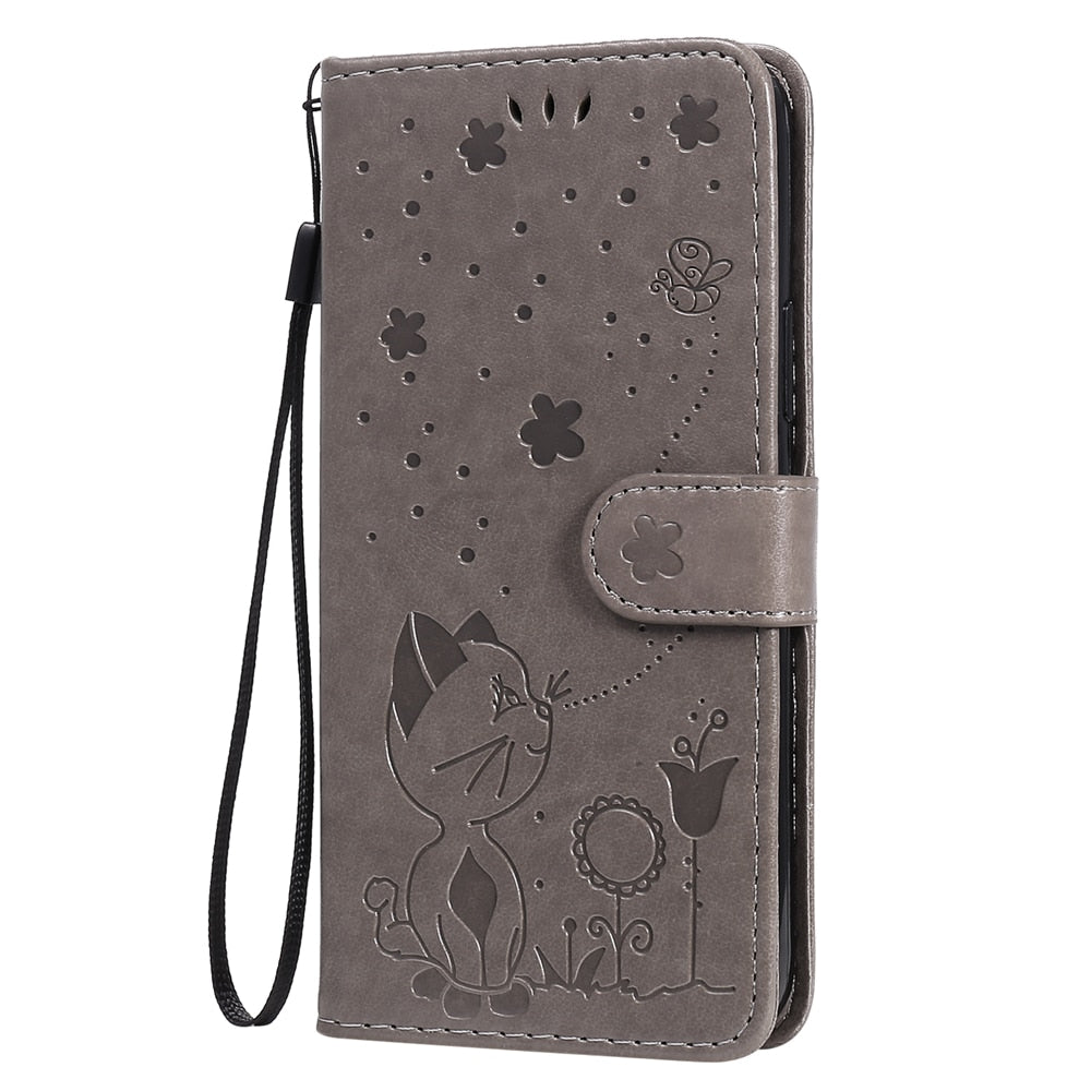 Anymob iPhone Gray Leather Flip Case Embossing Cat and Bee Cover-Mobile Phone Cases-PEROZ Accessories