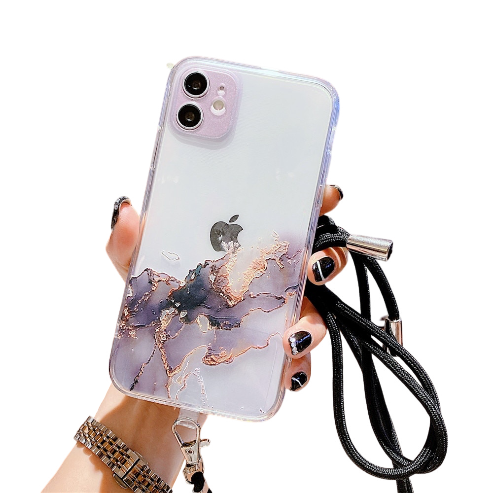 Anymob iPhone Case Marble Granite Black Crossbody Lanyard Soft TPU Chain Cover-Mobile Phone Cases-PEROZ Accessories